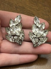 Vintage Western Germany Earrings Clear Rhinestones Climber Cluster Clip-Ons!