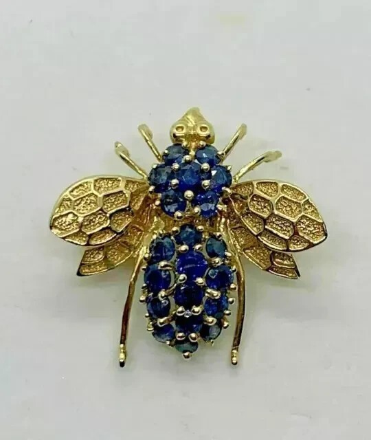 2.30 CT Round Cut Blue Sapphire Bee Brooch Pin & Pendant 14K Yellow Gold Plated