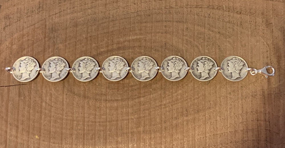 MERCURY DIME Coin Jewelry BRACELET 7.5″ 90% Silver With .925 Links!