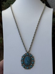 Vintage Bell Trading Nickel Silver Simulated Turquoise Pendant Necklace 29”