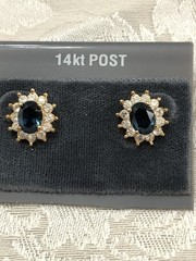 Vintage ROMAN faux Sapphire Rhinestone Halo Stud Earrings 14k Post NOS NWT 1980s