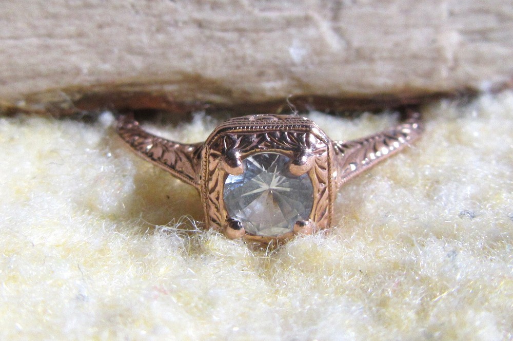 Art Deco Filigree 14k Rose Gold White Sapphire Engagement Ring Size 7.0