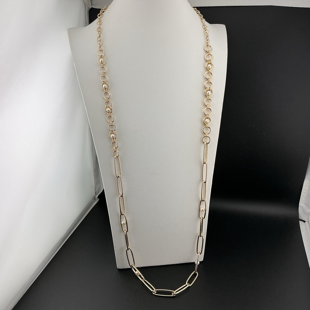 Vtg NineWest Necklace GoldT Paperclip & Round Link Chains Faux Pearls NWT 38-41”