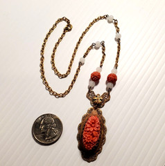 VTG ART DECO Coral Molded Glass Floral Necklace 1930s Glass & Brass 18″ Necklace