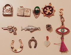 Vintage Silver Tone Charm Lot Yale Padlock Bible Gun Fish Horseshoe Jade Jewelry
