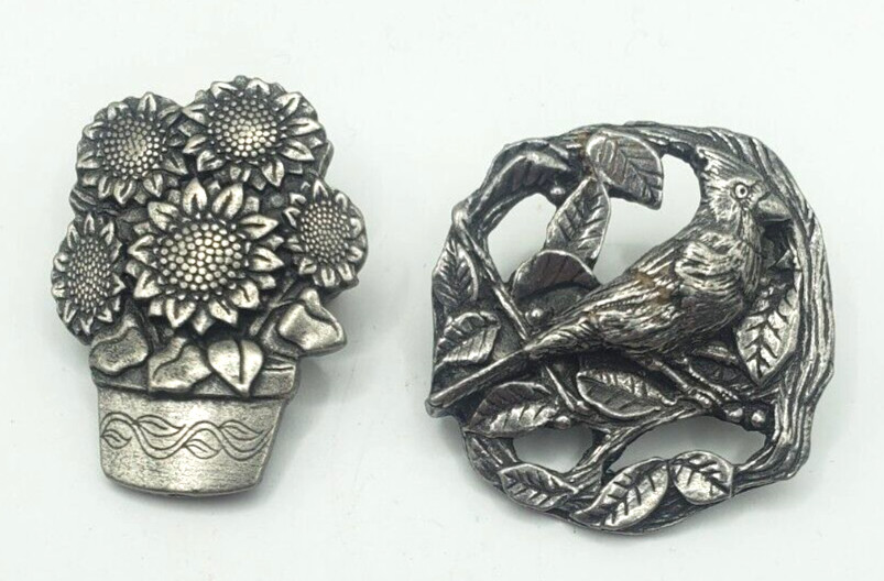 Birds & Blooms Pin Lot Of 2 Limited Edition Brooches Pewter Bird an Flowers