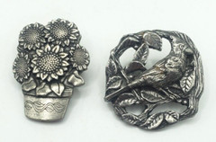 Birds & Blooms Pin Lot Of 2 Limited Edition Brooches Pewter Bird an Flowers