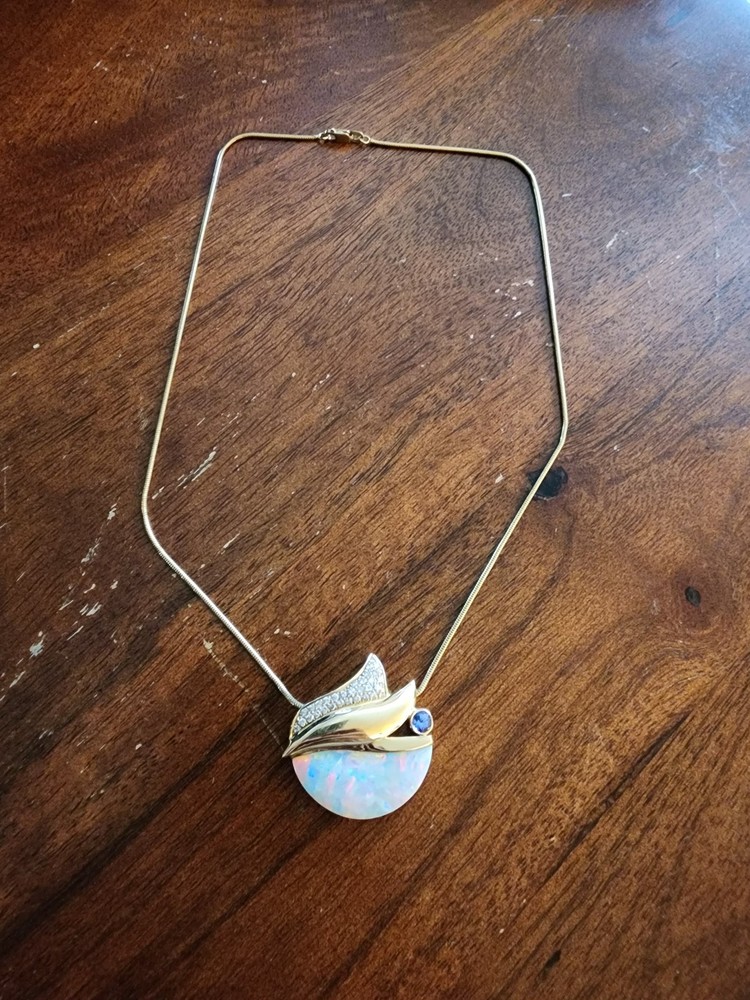 Vintage 9ct Opal 14k Yellow Gold Pendant With Diamond & Tanzanite Accents