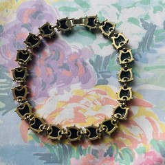 Vintage Black Acrylic Beaded Relaxed Choker Necklace Gold Tone Foldover Clasp