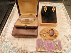 ART Deco Antique jewelry lot Elaborate bracelet sterling dangle earring Sash Pin