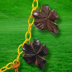 Vintage Carved Wood Leaf & Cherry Necklace with Apple Juice Celluloid Chain