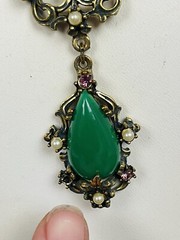 Vintage Unsigned Faux Jade Gems Drop Necklace Earring Set Victorian Style READ