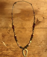 Boho Vintage Beaded Necklace Rose Quartz Tiger Eye Glass Brass Pendant Handmade