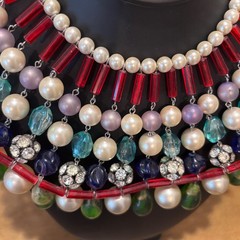 Vintage Waterfall Collar Necklace Multi-strand Faux Pearl Glass Bead Rhinestone
