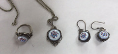 Vintage Set Necklace/Ring/Earrings Rostov Finift Enamel Silver Filigree USSR