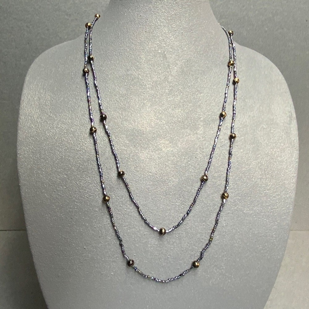Seed Bead Necklace 56 In Gold Dark Blue Purple Green Iridescent Snap Closure