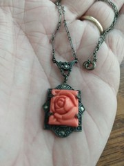 Antique coral colored Rose molded glass & Sterling Deco Necklace Pendant