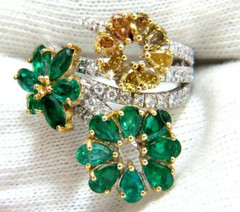 Beautiful 4.60CTW Vivid Greens Emerald & Fancy Yellow Brown Topaz 3 Flower Ring