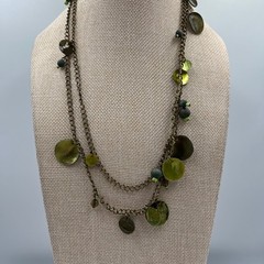 Green Beaded Charm Necklace Double Strand Antique Brass Tone Dangle Disc Boho