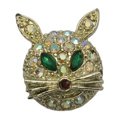 Vtg Rhinestone Cat Brooch Pin 60s Aurora Borealis Gold Tone Kitty Green Eyes