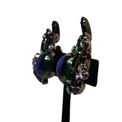 Hattie Carnegie Iridescent Peacock Colored Climber Clip On Earrings Signed