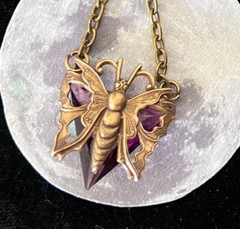 Butterfly Necklace Art Nouveau BrassPendant Antique Amethyst Czech Glass