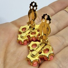 Vtg Victorian Revival Coral Lucite Rose Gold Plated Statement Earrings Clip-on