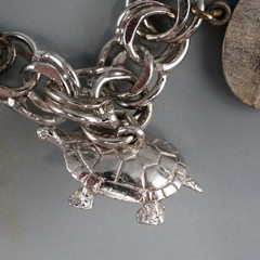 1974 Sterling Silver Double Link Chain W/ 11 Charms Bracelet 7.25” VTG 37.7g