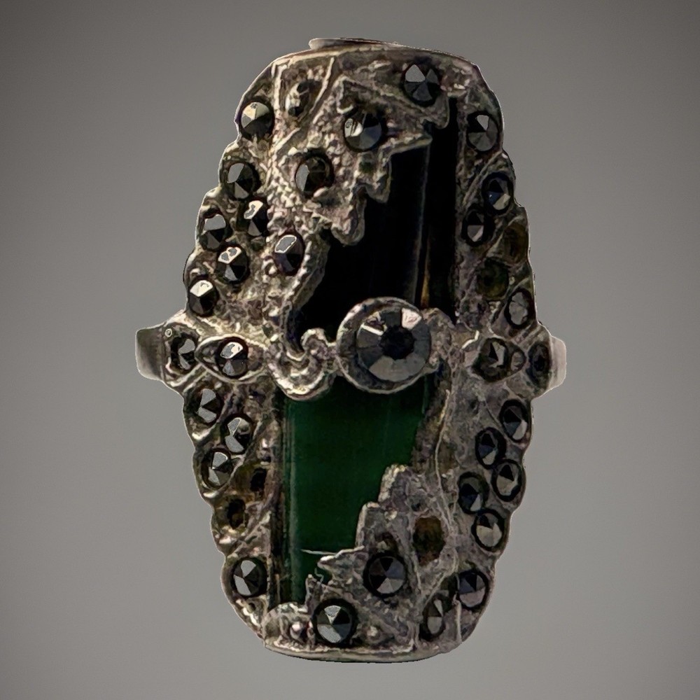 Vintage Onyx Jade Marcasite Art Deco Sterling Silver Ring Size 5.25 5.52 Grams