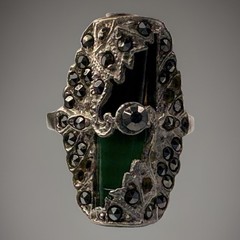 Vintage Onyx Jade Marcasite Art Deco Sterling Silver Ring Size 5.25 5.52 Grams