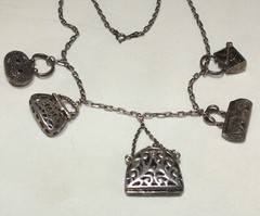 Unique Vintage Sterling Necklace w/5 Almandine Garnets & Marcasite Purses Charms