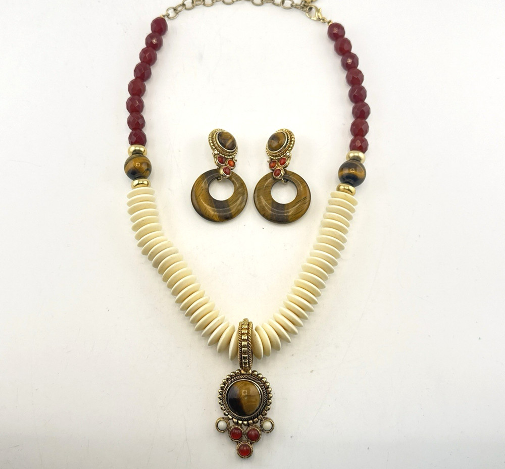 RJ Graziano Necklace Earrings Set Tigers Eye Carnelian Boho Cabochon Gold Tone