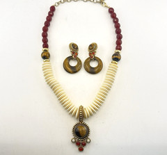 RJ Graziano Necklace Earrings Set Tigers Eye Carnelian Boho Cabochon Gold Tone