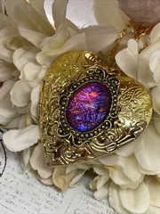 Gold Heart Locket Photo Fire Opal Dragon Birthday Anniversary Wedding Necklace