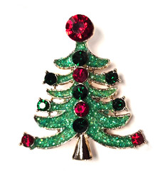 Estate Gold Tone Rhinestone & Green Glitter Christmas Tree Pin / Brooch