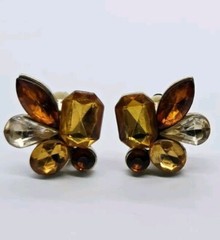 Flower Clip Earrings Amber Colored 1 in Rhinestone Gold tone Cluster Vintage