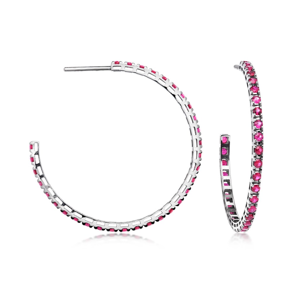 Vintage 3.00 ct. t.w. Ruby Hoop Earrings in 18kt White Gold. 1 1/2 inches