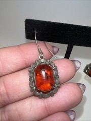 VTG Sterling Silver Amber Dangle Earrings 925 Pierced Floral Cognac Baltic Style