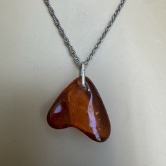 Vintage Pendant Necklace 18 Inch Baltic Amber Gem Polished 925 Sterling 6.9g