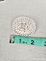 Vintage Celluloid Floral Brooch Cream Color with Rhinestones and Swirl Edging