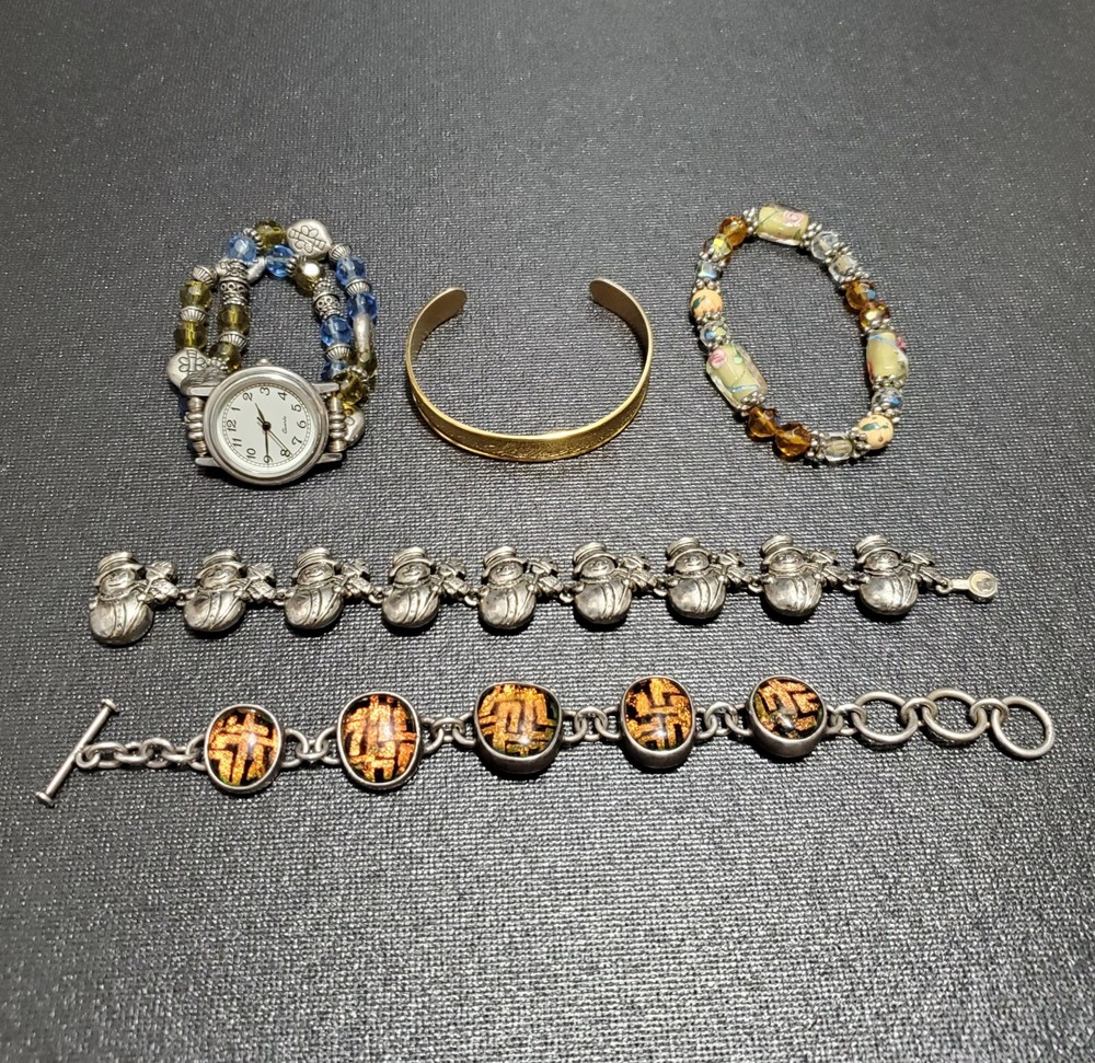 Vintage Bracelet Lot Of 5, Pewter Snowmen, Resin & Metal, Glass Bead Wristwatch