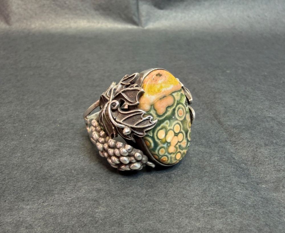1970 Art Sterling Silver Ring Orbicular Ocean Jasper Grapevine Adjustable 8-10