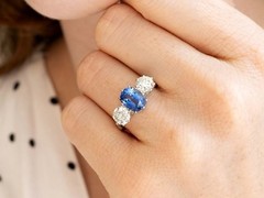 2.34Ct Madagascar Sapphire and 1.85Ct Diamond Platinum Trilogy Ring Circa 1945