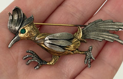 Vintage Road Runner Bird Brooch Pin Silver & Gold Tone Green Eyed