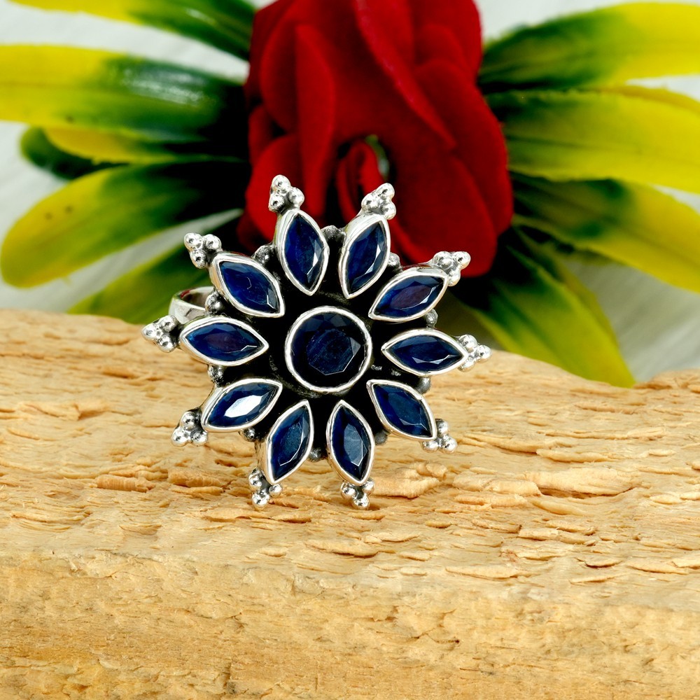Natural Blue Sapphire Silver Ring 925 Sterling Ring Flower Ring Wedding Jewelry