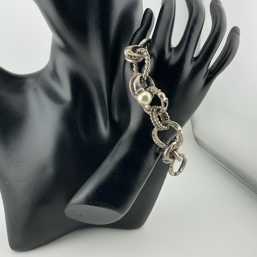 Vtg SilverT Bracelet 74 Grams 7.25”L Chunky Rhinestone Faux Pearl Rings Toggle
