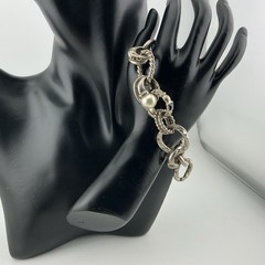Vtg SilverT Bracelet 74 Grams 7.25”L Chunky Rhinestone Faux Pearl Rings Toggle