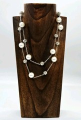 Carolee Vintage Necklace Crystal Accent Faux Pearl Extra long Silver tone 36 in