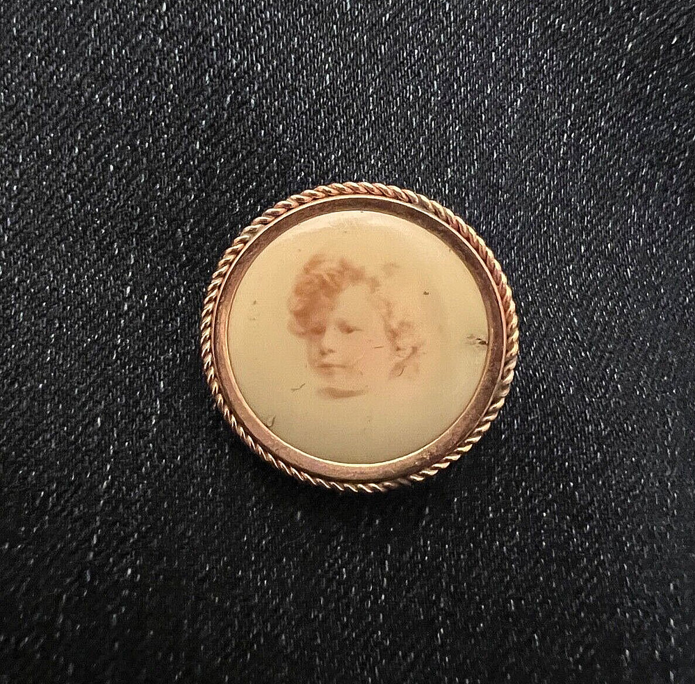 Antique Gold Tone Metal Young Child Curly Haired Photograph Pin Brooch