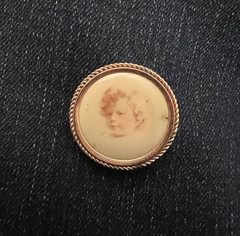 Antique Gold Tone Metal Young Child Curly Haired Photograph Pin Brooch